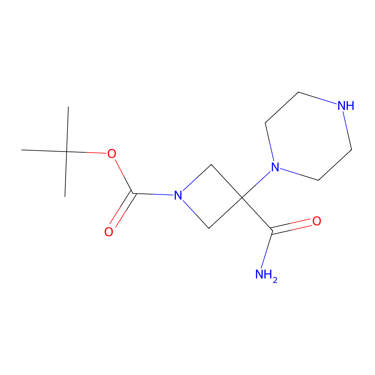 Tert-butyl 3-carbamoyl-3-(piperazin-1-yl)azetidine-1-carboxylate molecular structure, CAS 1505257-57-7