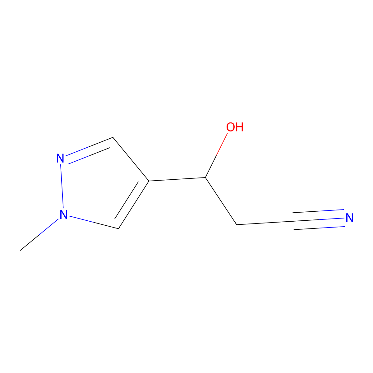 3-hydroxy-3-(1-methyl-1H-pyrazol-4-yl)propanenitrile molecular structure, CAS 1505590-87-3