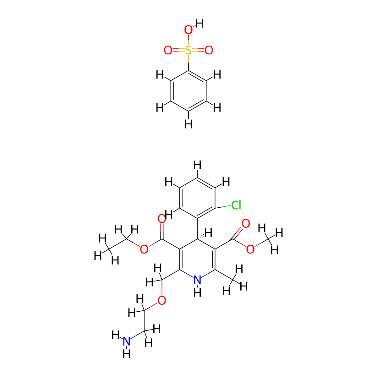 3,5-Pyridinedicarboxylic acid, 2-((2-aminoethoxy)methyl)-4-(2-chlorophenyl)-1,4-dihydro-6-methyl-, 3-ethyl 5-methyl ester, (4S)-, benzenesulfonate (1:1) molecular structure, CAS 150566-71-5
