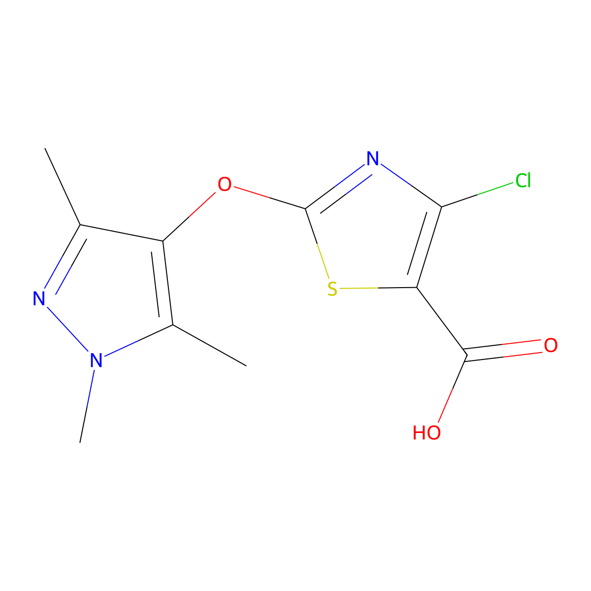 4-chloro-2-[(trimethyl-1H-pyrazol-4-yl)oxy]-1,3-thiazole-5-carboxylic acid molecular structure, CAS 1506216-97-2
