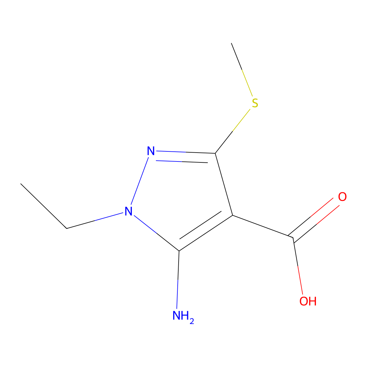 5-amino-1-ethyl-3-(methylsulfanyl)-1H-pyrazole-4-carboxylic acid molecular structure, CAS 1506237-06-4