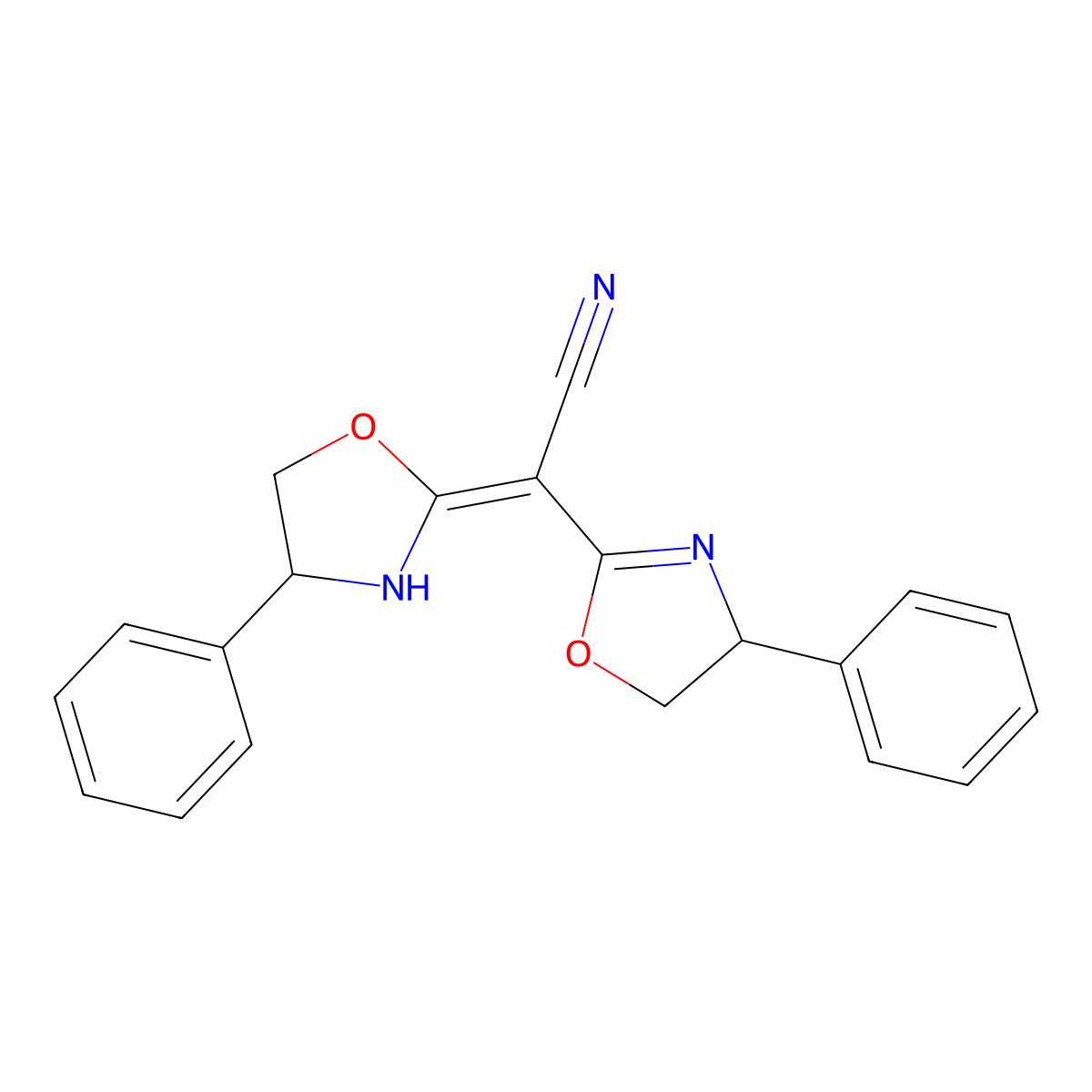 2-((S)-4-Phenyl-4,5-dihydrooxazol-2-yl)-2-((S)-4-phenyloxazolidin-2-ylidene)acetonitrile molecular structure, CAS 150639-33-1