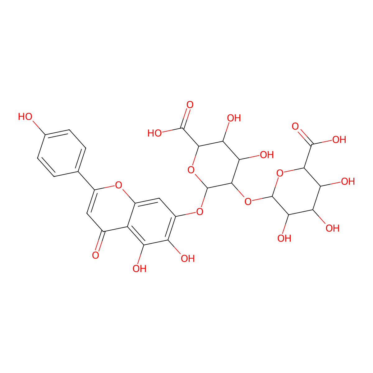 5,6-Dihydroxy-2-(4-hydroxyphenyl)-4-oxo-4H-1-benzopyran-7-yl 2-O-beta-D-glucopyranuronosyl-beta-D-glucopyranosiduronic acid molecular structure, CAS 150641-65-9