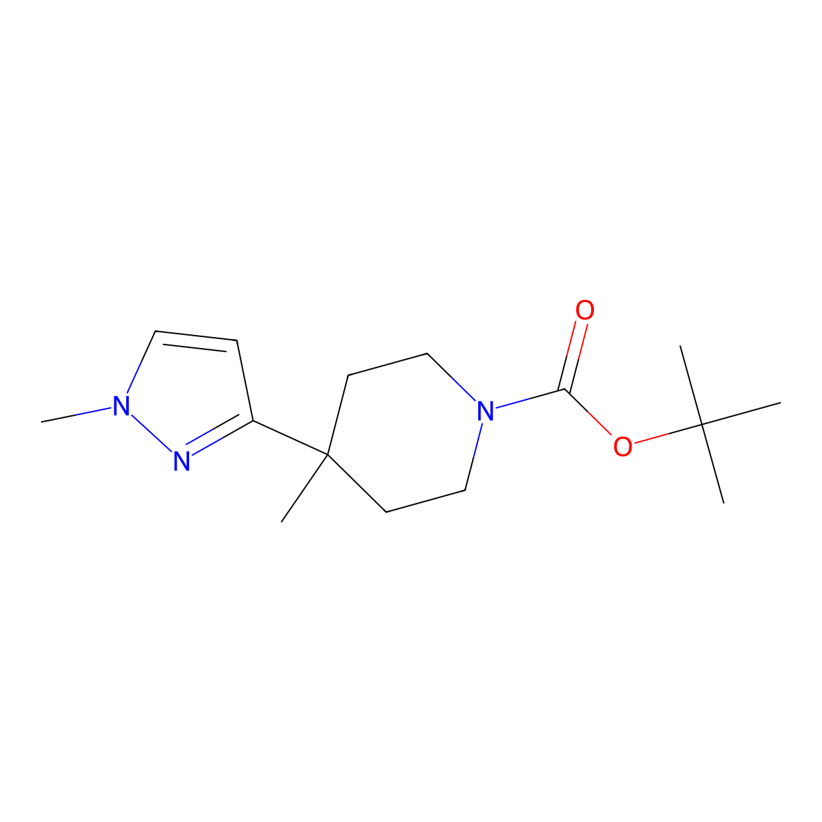 tert-butyl 4-methyl-4-(1-methyl-1H-pyrazol-3-yl)piperidine-1-carboxylate molecular structure, CAS 1507372-40-8
