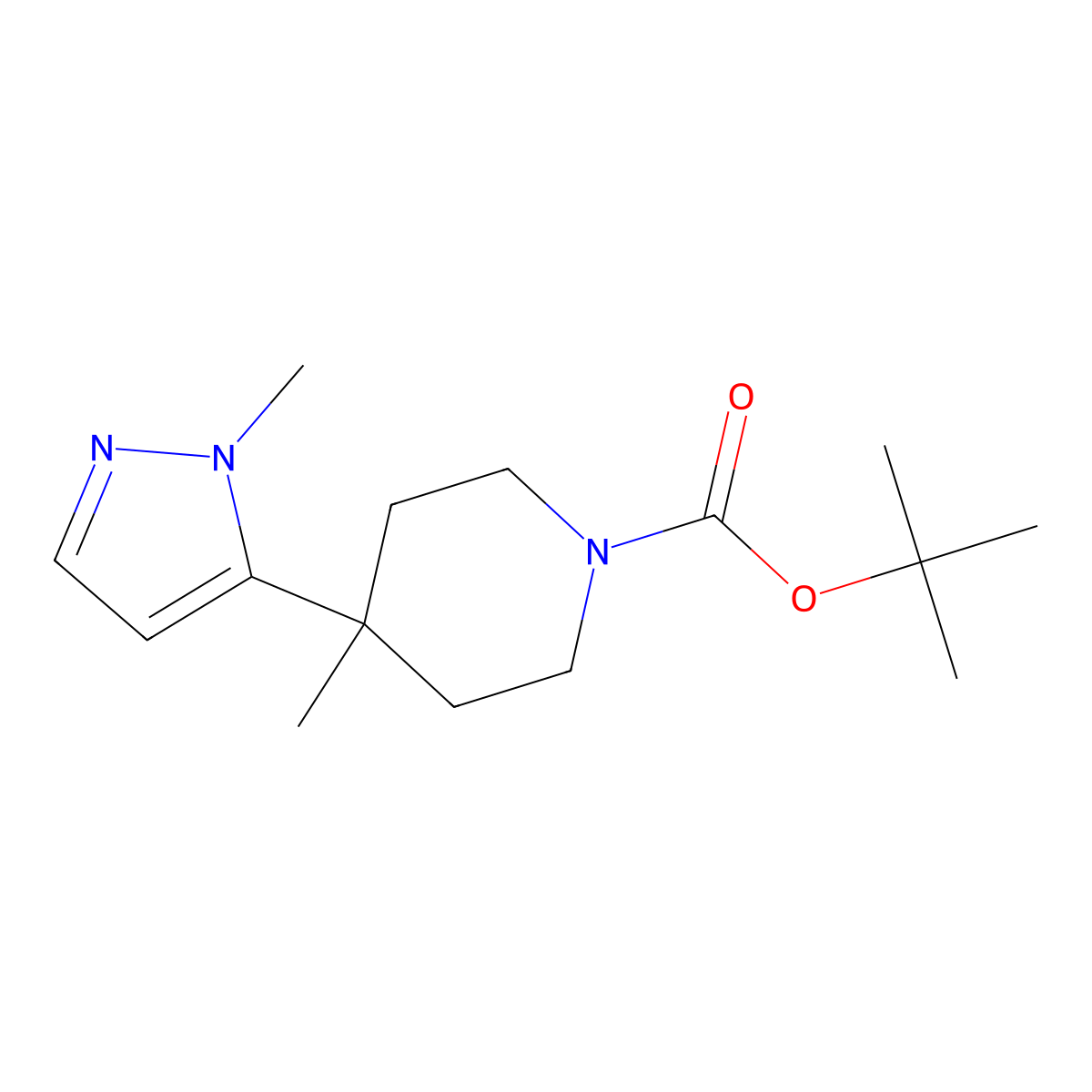 tert-butyl 4-methyl-4-(1-methyl-1H-pyrazol-5-yl)piperidine-1-carboxylate molecular structure, CAS 1507372-49-7