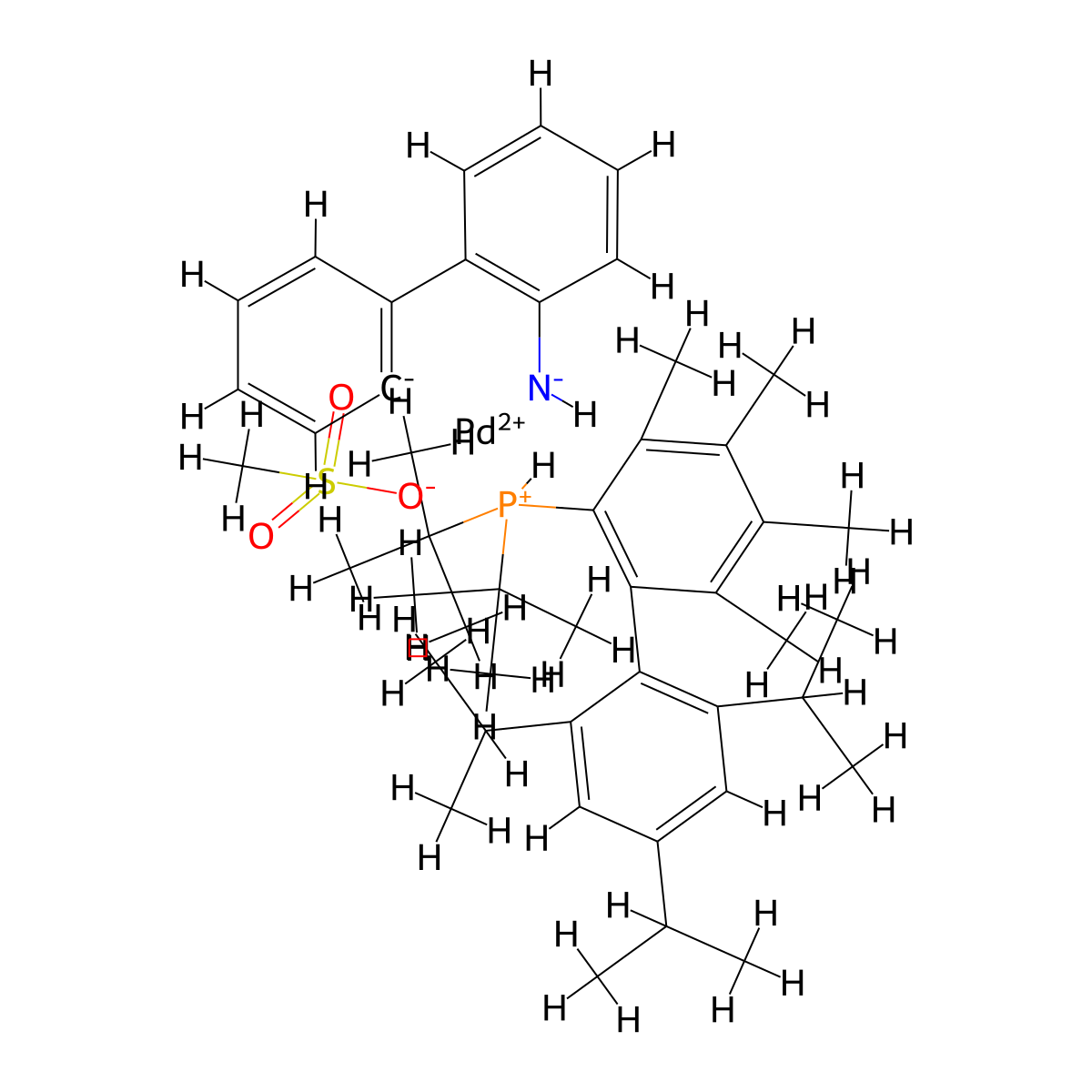 Methanesulfonato(2-di-t-butylphosphino-3,4,5,6-tetramethyl-2',4',6'-tri-i-propylbiphenyl)(2'-amino-1,1'-biphenyl-2-yl)palladium(II) , 4MetBuXPhos Pd G3 molecular structure, CAS 1507403-85-1