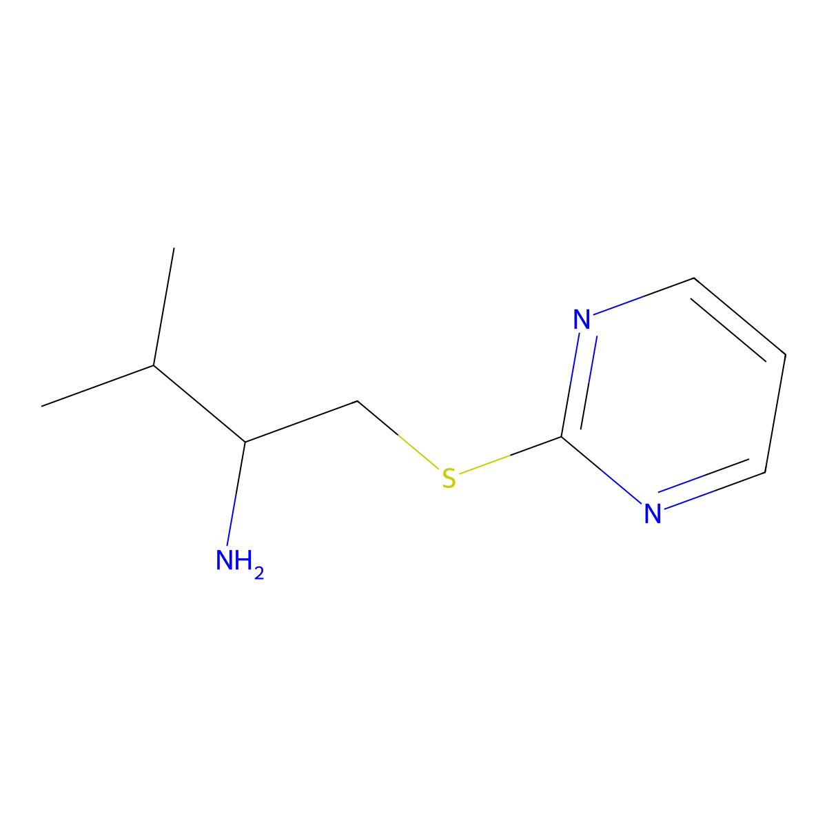 3-Methyl-1-(pyrimidin-2-ylsulfanyl)butan-2-amine molecular structure, CAS 1507631-52-8