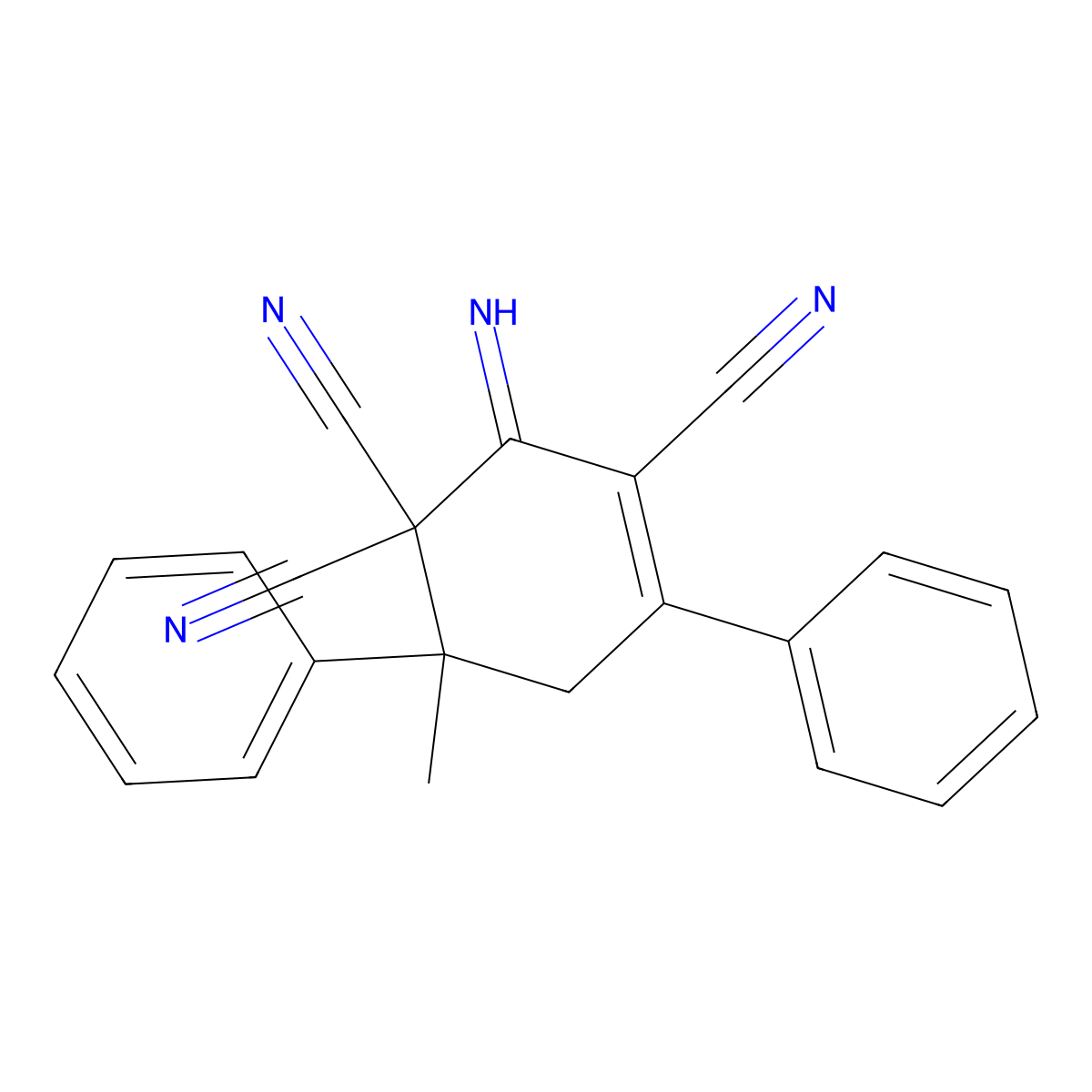 2-Imino-6-methyl-4,6-diphenylcyclohex-3-ene-1,1,3-tricarbonitrile molecular structure, CAS 1508-06-1