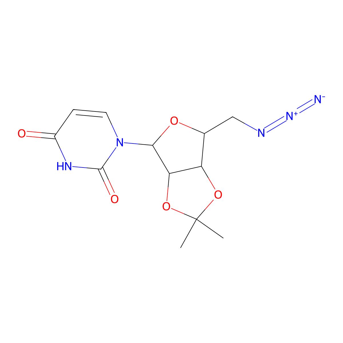 1-[(3aR,4R,6R,6aR)-6-(azidomethyl)-2,2-dimethyl-tetrahydro-2H-furo[3,4-d][1,3]dioxol-4-yl]-1,2,3,4-tetrahydropyrimidine-2,4-dione molecular structure, CAS 15083-05-3