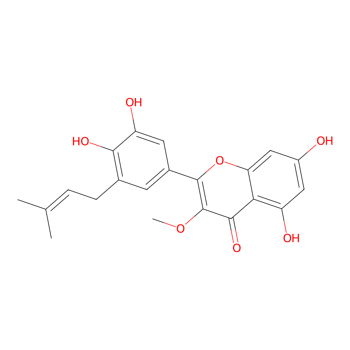 2-(3,4-Dihydroxy-5-(3-methyl-2-buten-1-yl)phenyl)-5,7-dihydroxy-3-methoxy-4H-1-benzopyran-4-one molecular structure, CAS 150853-98-8