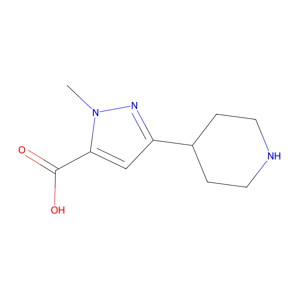 1-methyl-3-(piperidin-4-yl)-1H-pyrazole-5-carboxylic acid molecular structure, CAS 1508819-44-0
