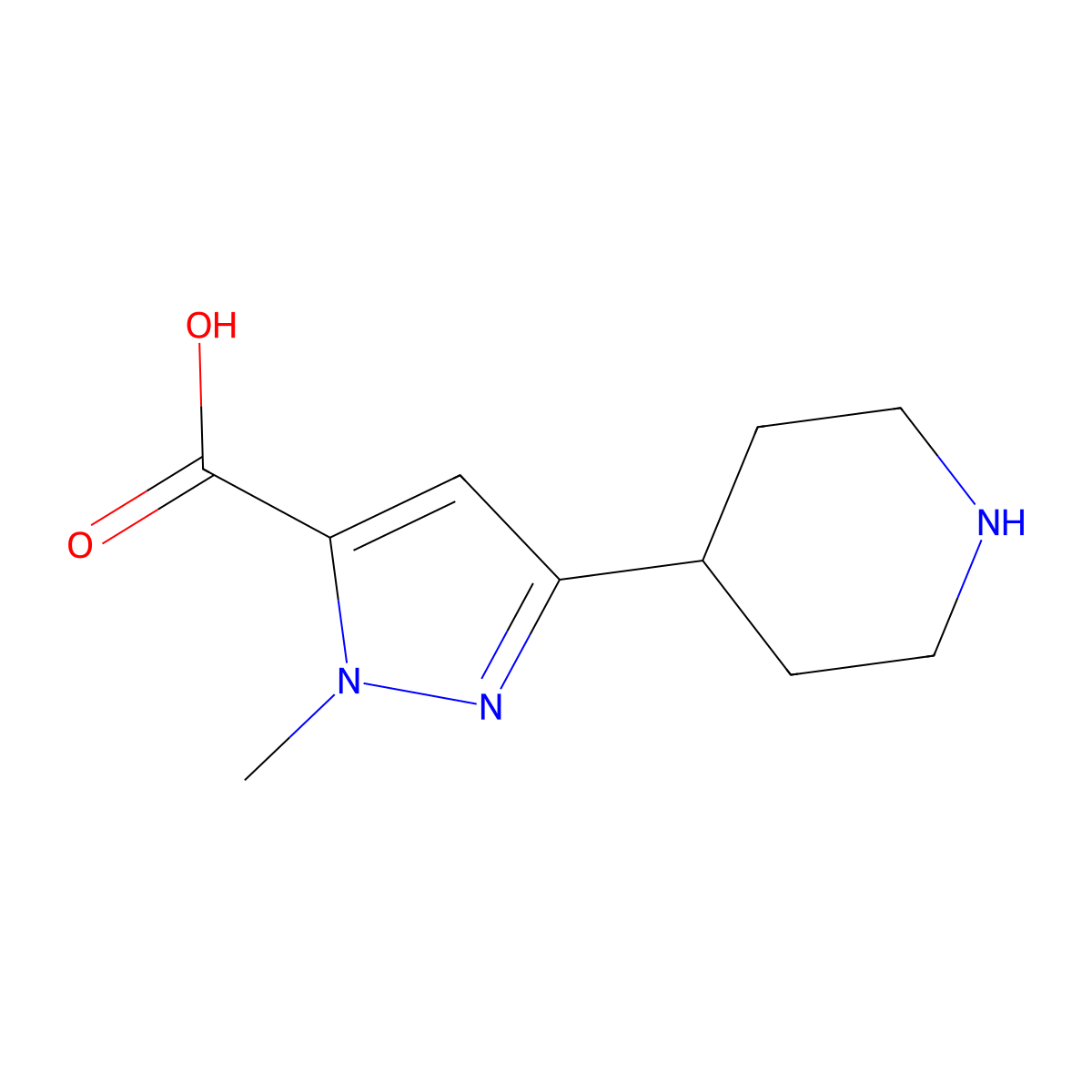 1-methyl-3-(piperidin-4-yl)-1H-pyrazole-5-carboxylic acid molecular structure, CAS 1508819-44-0