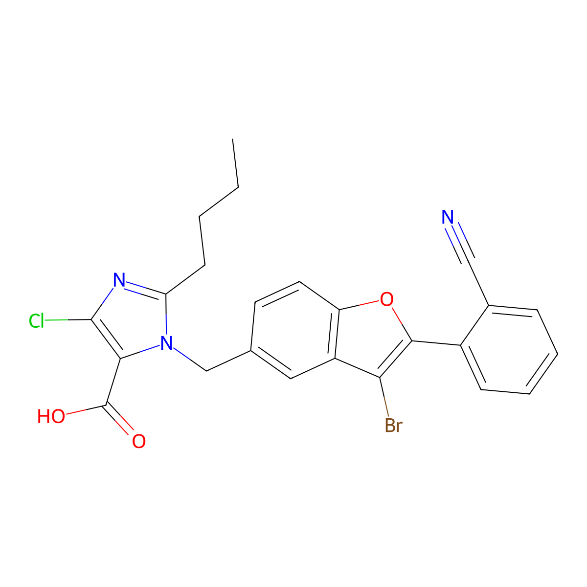 1-((3-bromo-2-(2-cyanophenyl)benzofuran-5-yl)methyl)-2-butyl-4-chloro-1H-imidazole-5-carboxylic acid molecular structure, CAS 150965-85-8