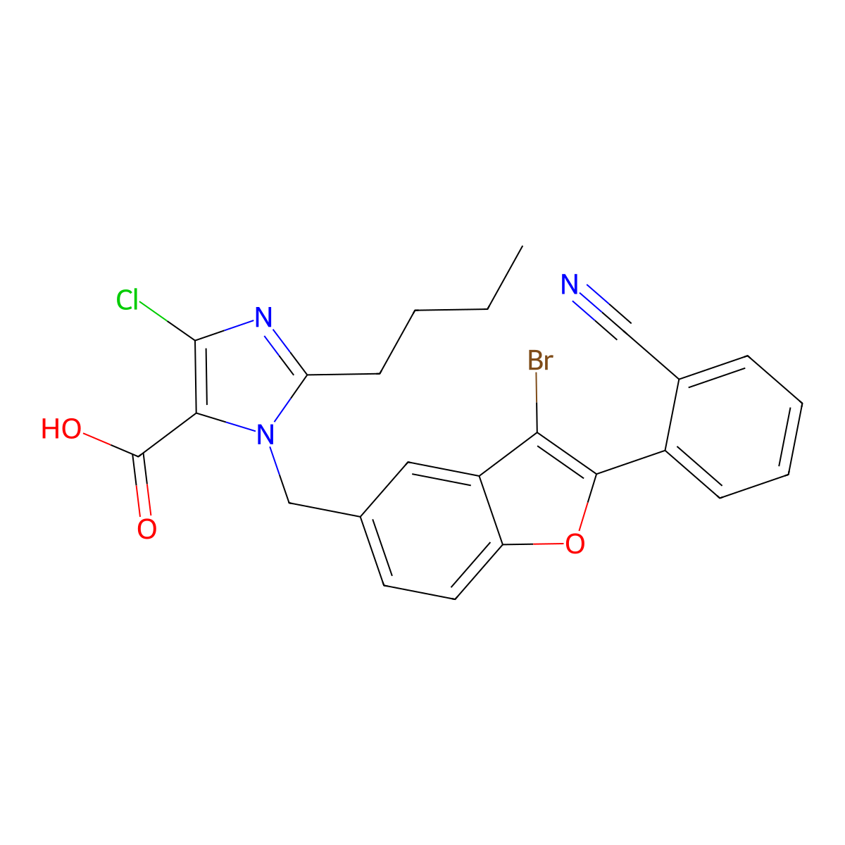 1-((3-bromo-2-(2-cyanophenyl)benzofuran-5-yl)methyl)-2-butyl-4-chloro-1H-imidazole-5-carboxylic acid molecular structure, CAS 150965-85-8