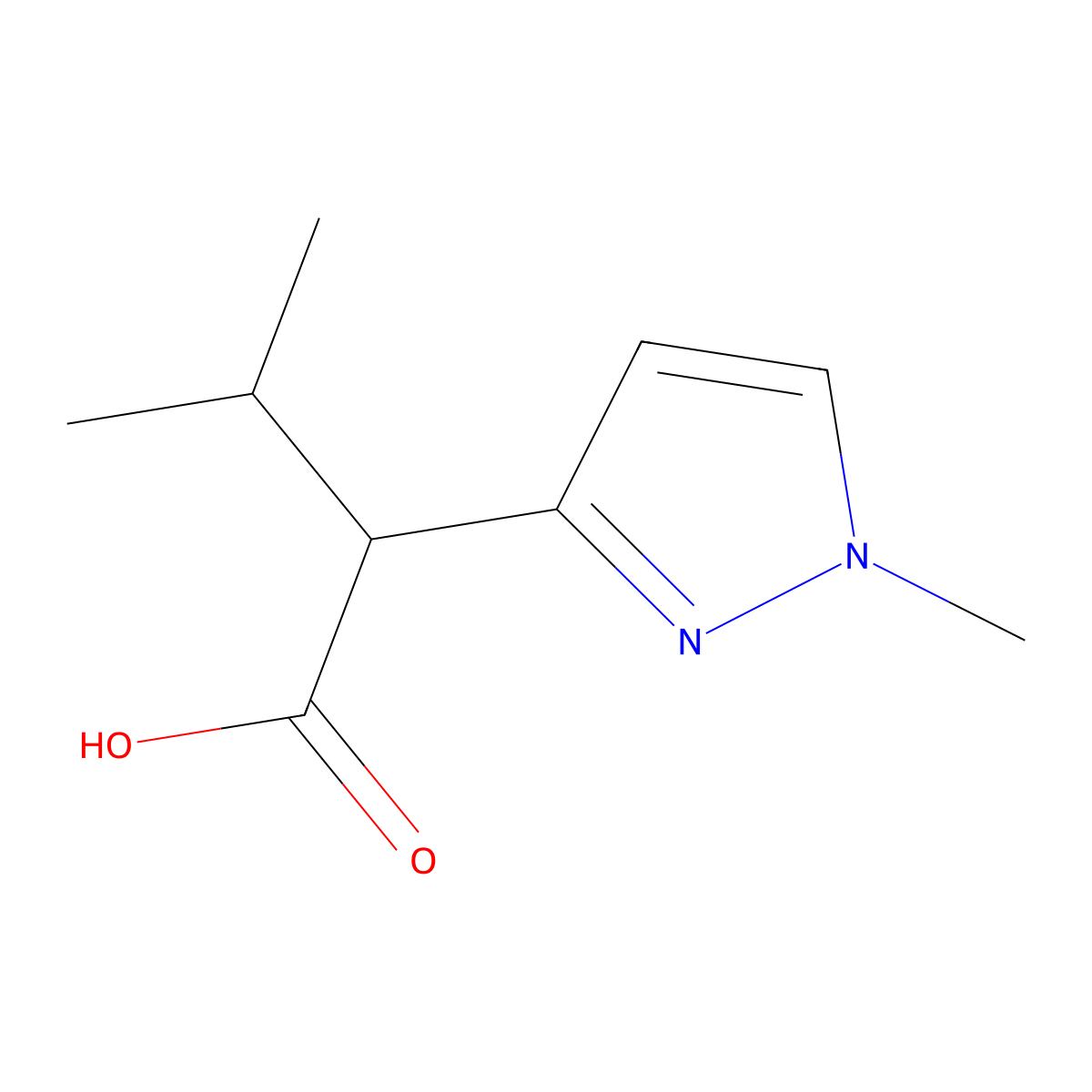 3-Methyl-2-(1-methyl-1H-pyrazol-3-yl)butanoic acid molecular structure, CAS 1509840-98-5