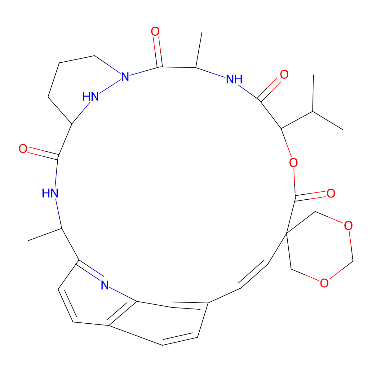 (2'R,5'S,11'S,14'S,18'Z)-2',11'-dimethyl-14'-propan-2-ylspiro[1,3-dioxane-5,17'-15-oxa-3,9,12,26,29-pentazatetracyclo[18.5.3.15,9.023,27]nonacosa-1(26),18,20(28),21,23(27),24-hexaene]-4',10',13',16'-tetrone molecular structure, CAS 1509904-96-4