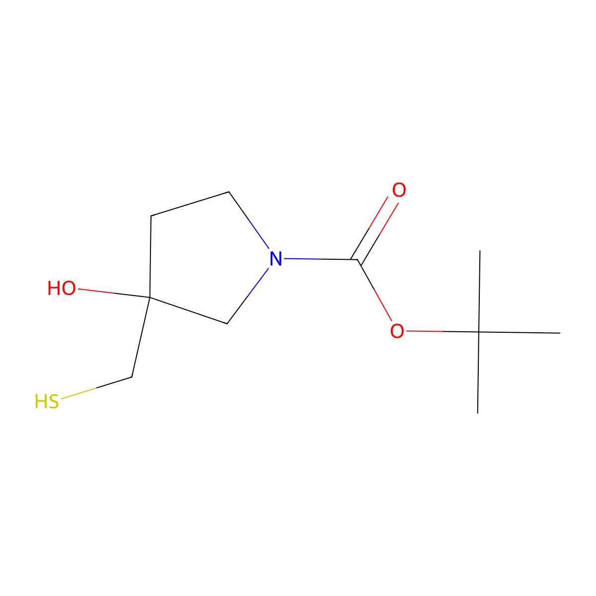 Tert-butyl 3-hydroxy-3-(sulfanylmethyl)pyrrolidine-1-carboxylate molecular structure, CAS 1510323-33-7