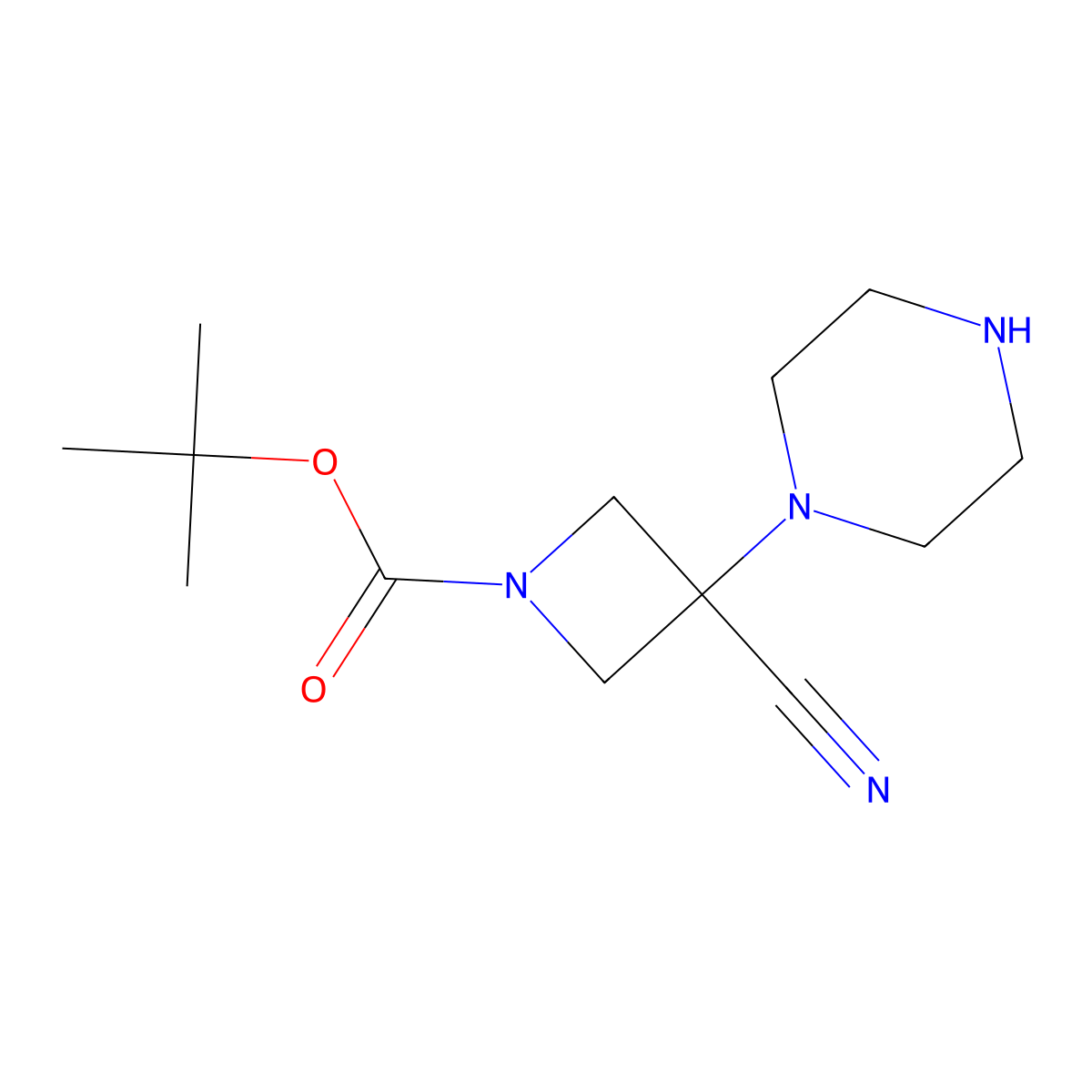 Tert-butyl 3-cyano-3-(piperazin-1-yl)azetidine-1-carboxylate molecular structure, CAS 1510918-82-7