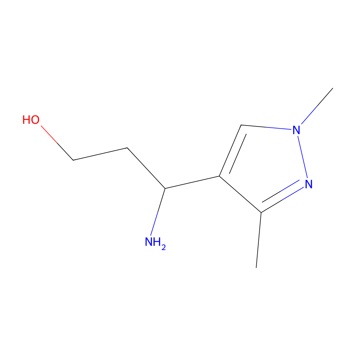 3-amino-3-(1,3-dimethyl-1H-pyrazol-4-yl)propan-1-ol molecular structure, CAS 1511030-75-3