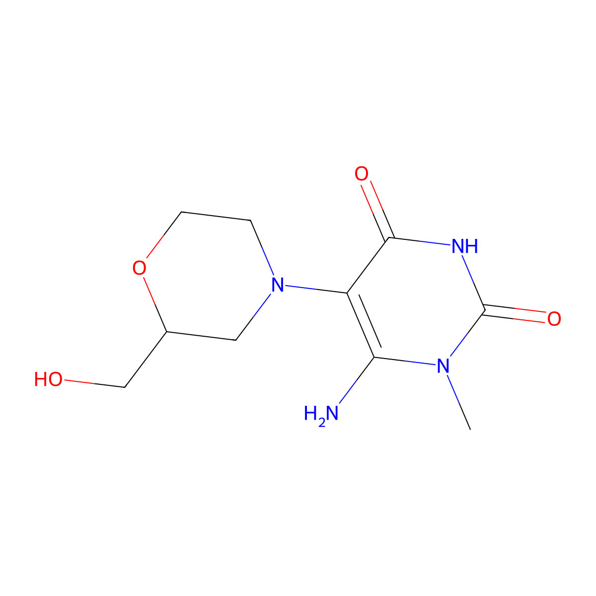 6-Amino-5-[2-(hydroxymethyl)morpholin-4-yl]-1-methyl-1,2,3,4-tetrahydropyrimidine-2,4-dione molecular structure, CAS 1511744-91-4