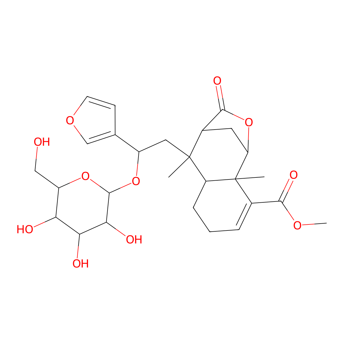 methyl (1S,2R,7S,8S,9R)-8-[(2S)-2-(furan-3-yl)-2-[(2R,3R,4S,5S,6R)-3,4,5-trihydroxy-6-(hydroxymethyl)oxan-2-yl]oxyethyl]-2,8-dimethyl-10-oxo-11-oxatricyclo[7.2.1.02,7]dodec-3-ene-3-carboxylate molecular structure, CAS 151200-49-6