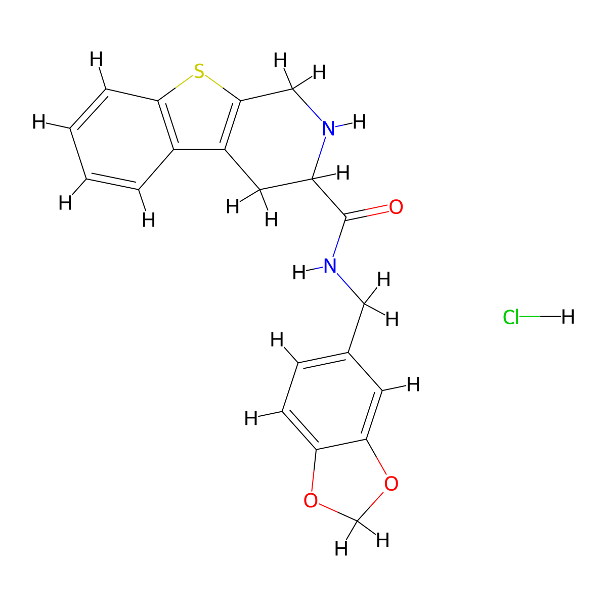 [1]Benzothieno[2,3-c]pyridine-3-carboxamide, N-(1,3-benzodioxol-5-ylmethyl)-1,2,3,4-tetrahydro-, monohydrochloride, (S)- molecular structure, CAS 151227-62-2
