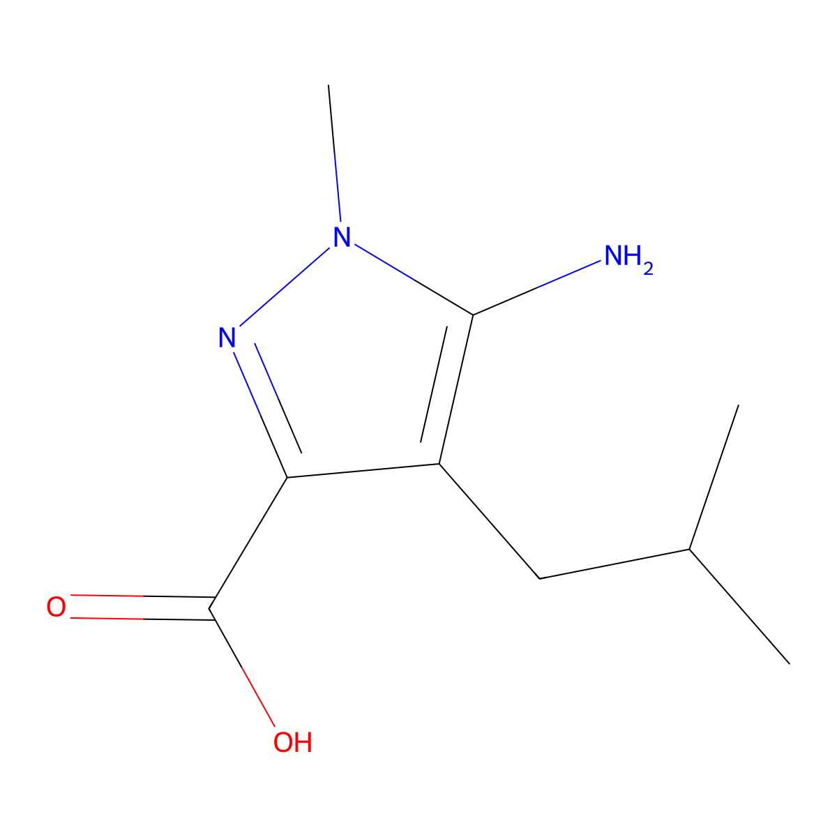 5-Amino-1-methyl-4-(2-methylpropyl)-1H-pyrazole-3-carboxylic acid molecular structure, CAS 1512387-68-6