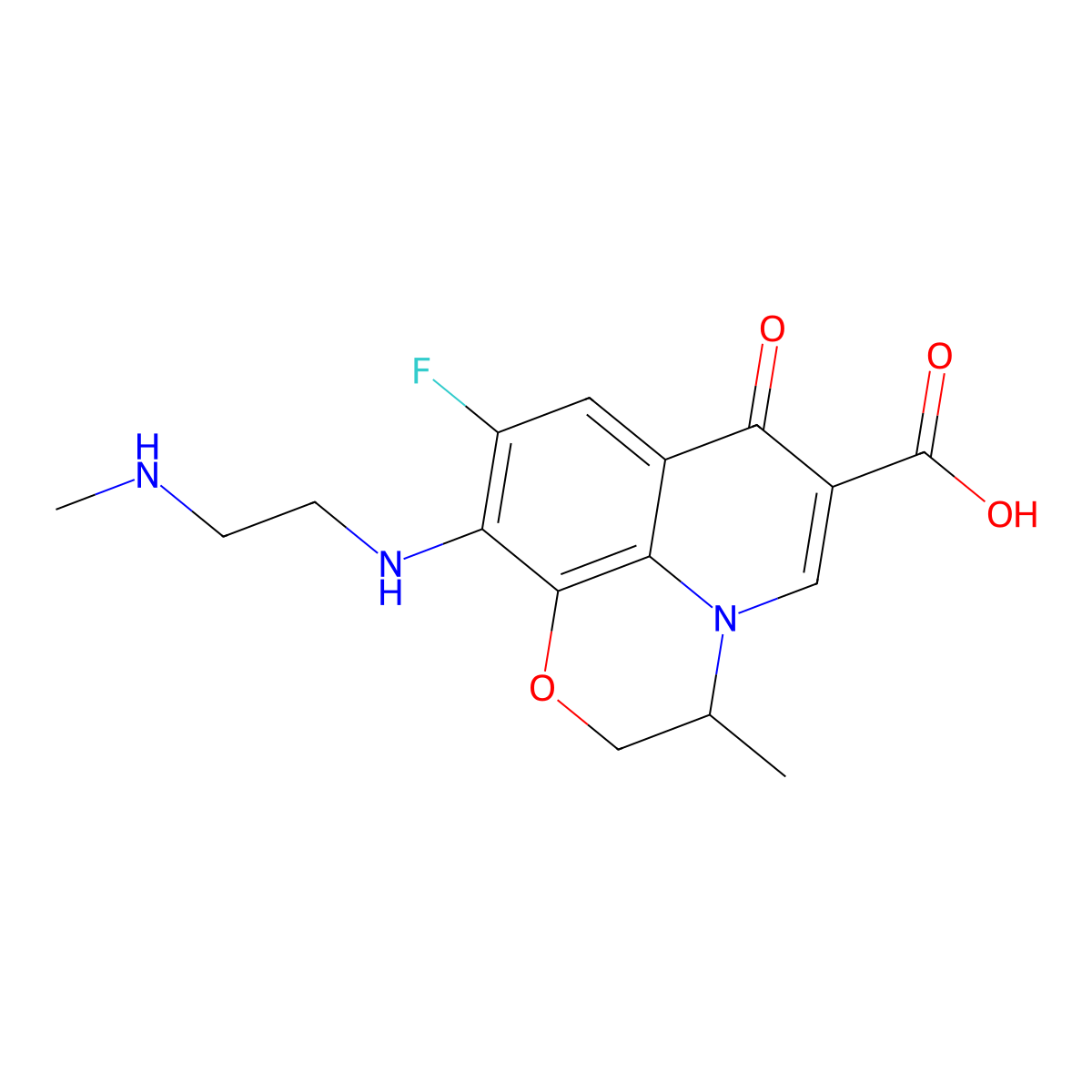 9-Fluoro-2,3-dihydro-3-methyl-10-(2-(methylamino)ethylamino)-7-oxo-7H-pyrido(1,2,3-de)(1,4)benzoxazine-6-carboxylic acid, (S)- molecular structure, CAS 151250-76-9