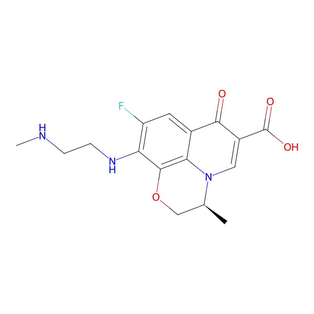 9-Fluoro-2,3-dihydro-3-methyl-10-(2-(methylamino)ethylamino)-7-oxo-7H-pyrido(1,2,3-de)(1,4)benzoxazine-6-carboxylic acid, (S)- molecular structure, CAS 151250-76-9