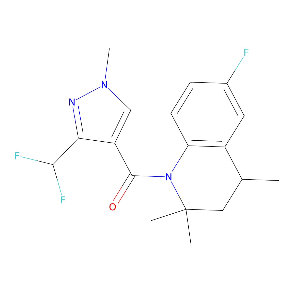 (3-(difluoromethyl)-1-methyl-1H-pyrazol-4-yl)(6-fluoro-2,2,4-trimethyl-3,4-dihydroquinolin-1(2H)-yl)methanone molecular structure, CAS 1512844-84-6