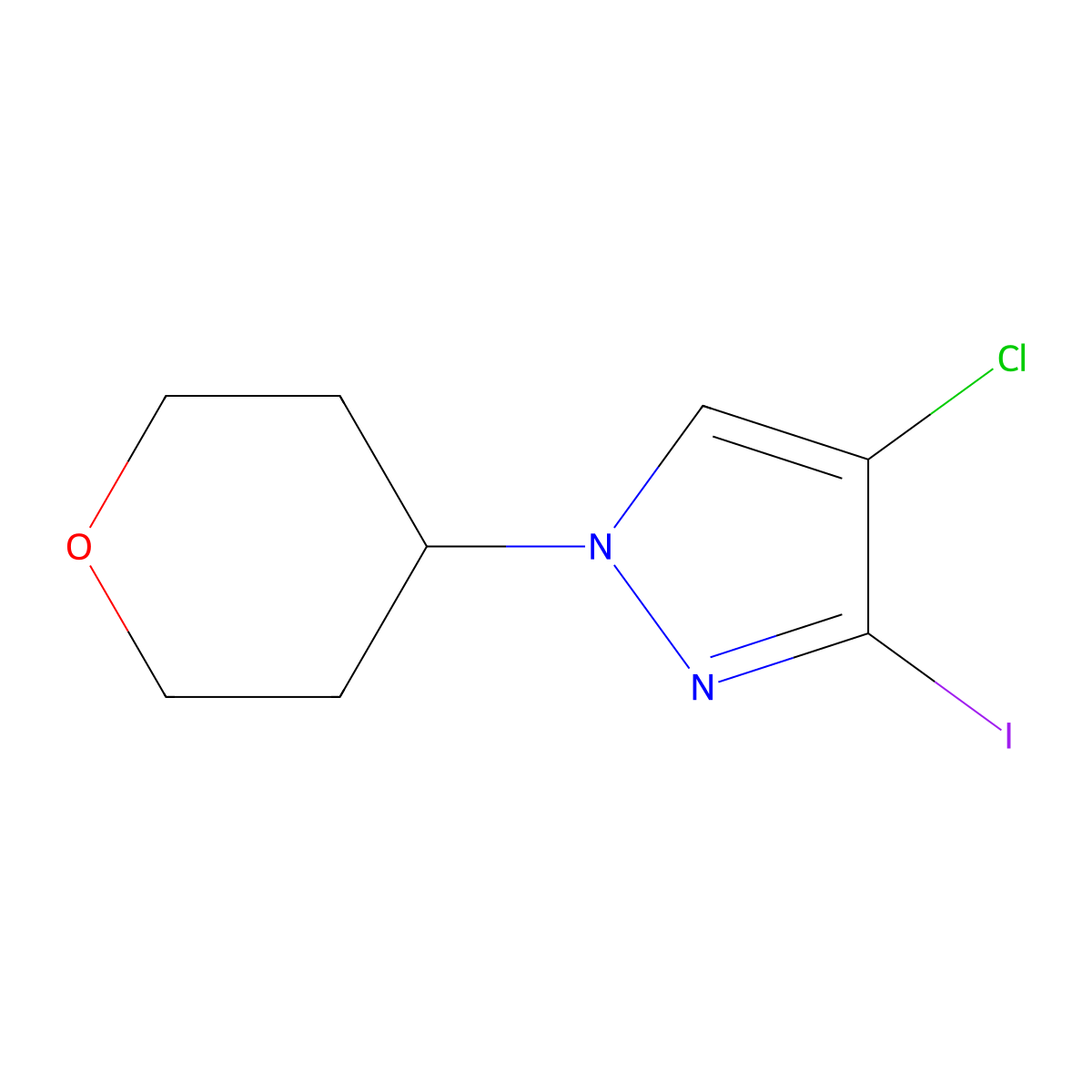 4-chloro-3-iodo-1-(oxan-4-yl)-1H-pyrazole molecular structure, CAS 1513306-74-5