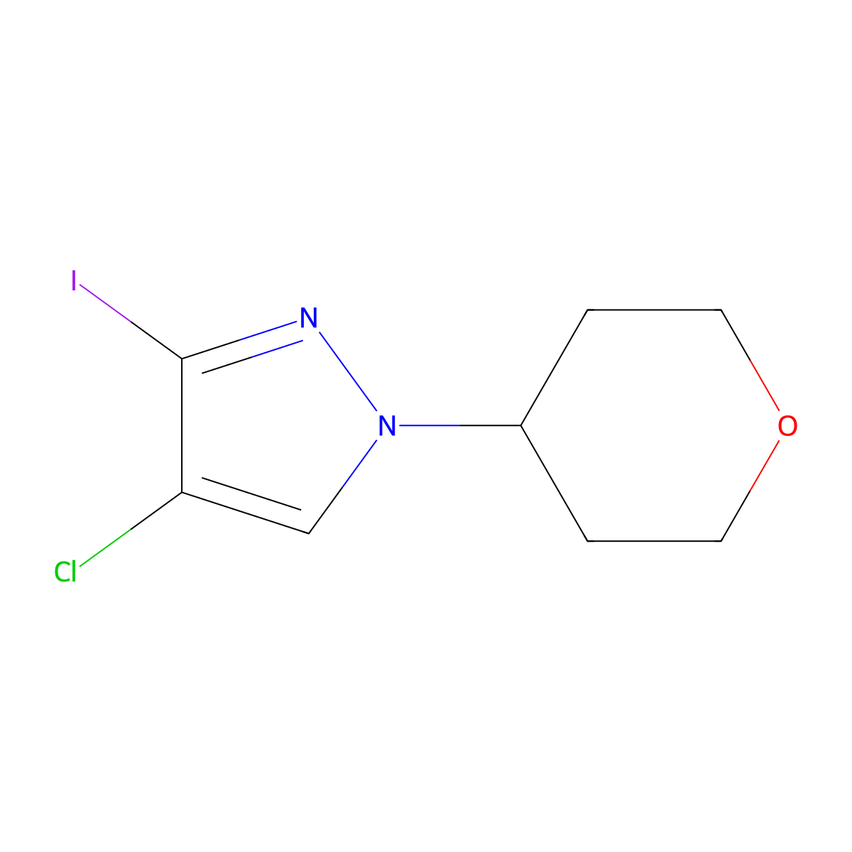 4-chloro-3-iodo-1-(oxan-4-yl)-1H-pyrazole molecular structure, CAS 1513306-74-5