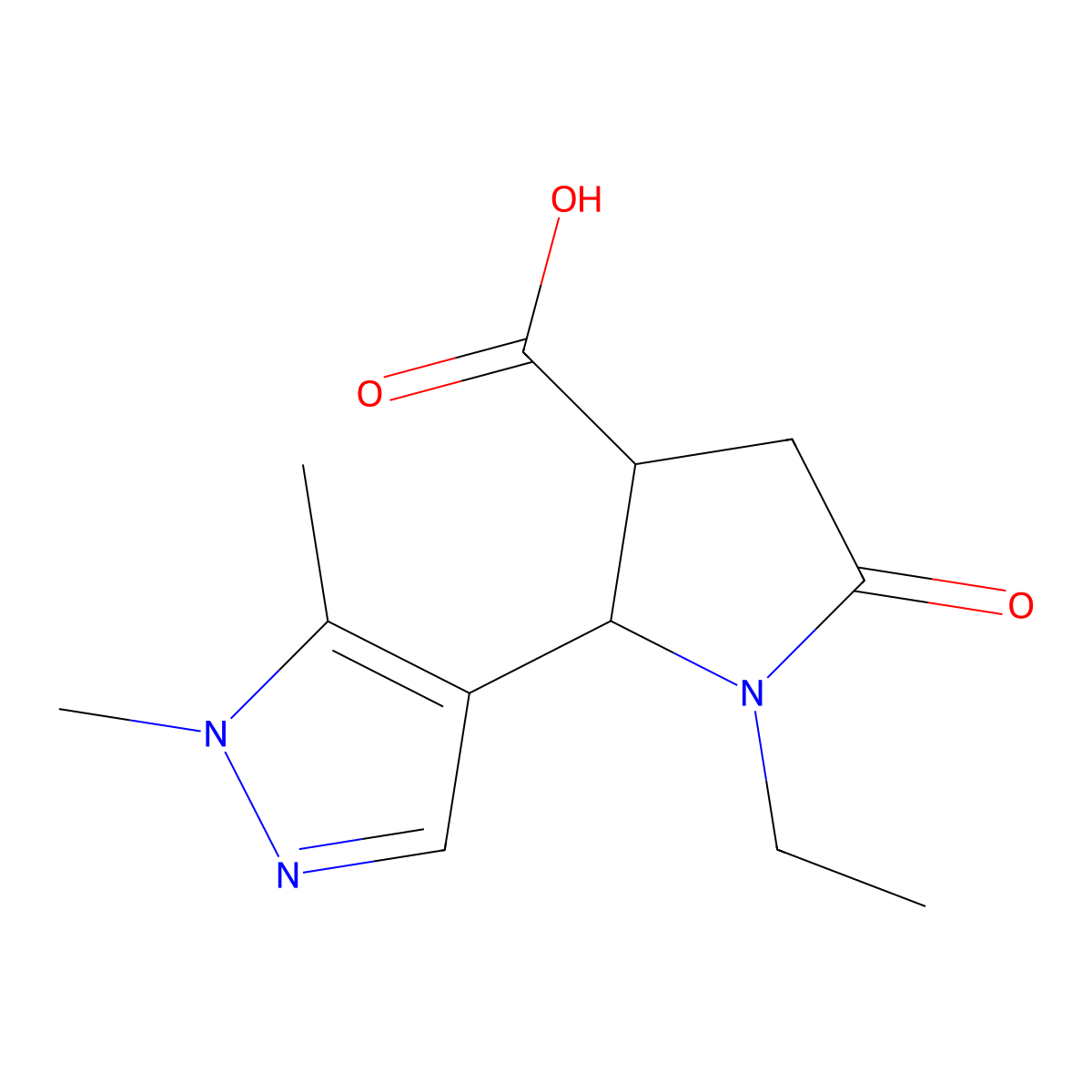 2-(1,5-dimethyl-1H-pyrazol-4-yl)-1-ethyl-5-oxopyrrolidine-3-carboxylic acid molecular structure, CAS 1513312-17-8