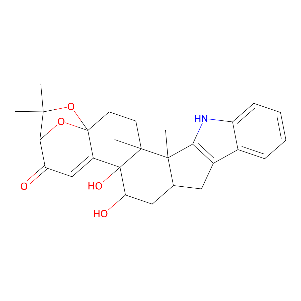 (3R,5bS,6S,7aR,13bS,13cR,15aS)-2,3,5b,6,7,7a,8,13,13b,13c,14,15-dodecahydro-5b,6-dihydroxy-2,2,13b,13c-tetramethyl-4H-3,15a-epoxy-1-benzoxepino[6',7':6,7]indeno[1,2-b]indol-4-one molecular structure, CAS 151341-77-4