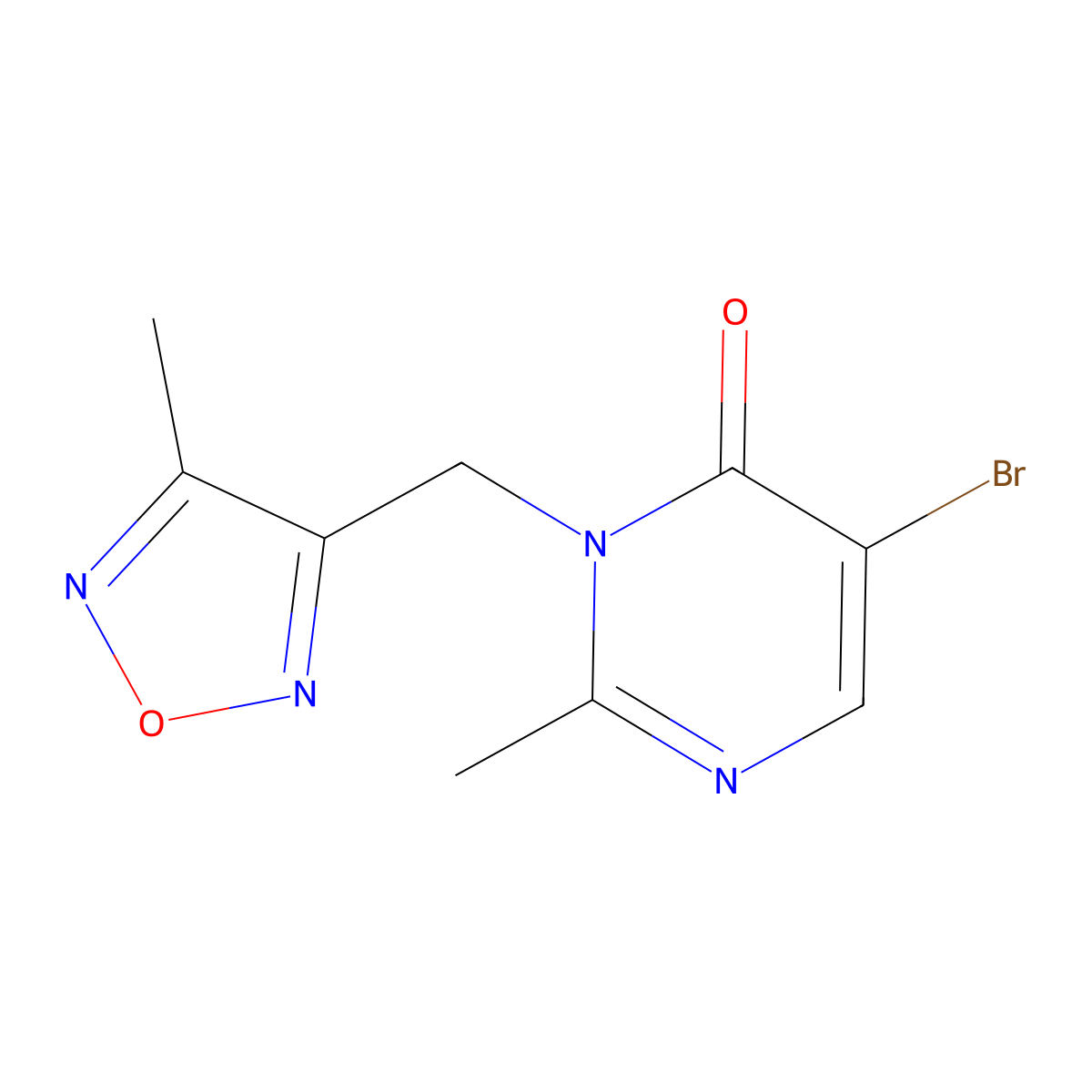 5-Bromo-2-methyl-3-[(4-methyl-1,2,5-oxadiazol-3-yl)methyl]-3,4-dihydropyrimidin-4-one molecular structure, CAS 1513494-52-4