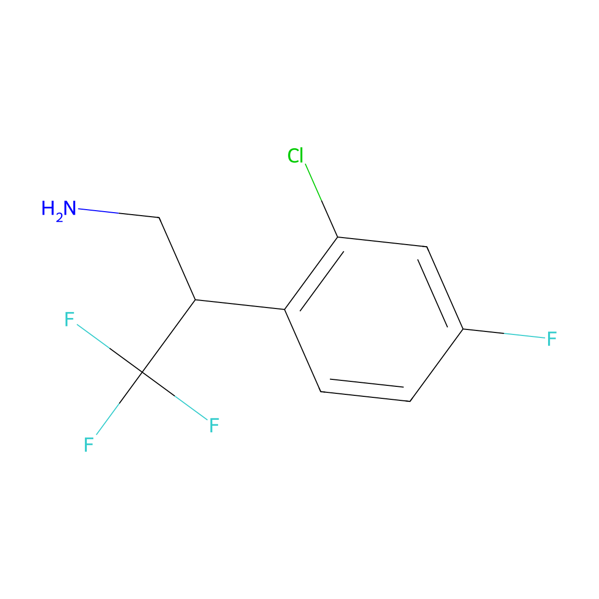 2-(2-Chloro-4-fluorophenyl)-3,3,3-trifluoropropan-1-amine molecular structure, CAS 1513642-82-4