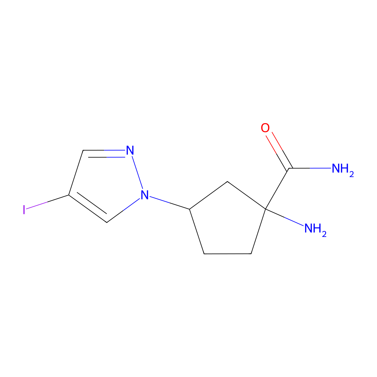 1-Amino-3-(4-iodo-1H-pyrazol-1-YL)cyclopentane-1-carboxamide molecular structure, CAS 1513800-40-2