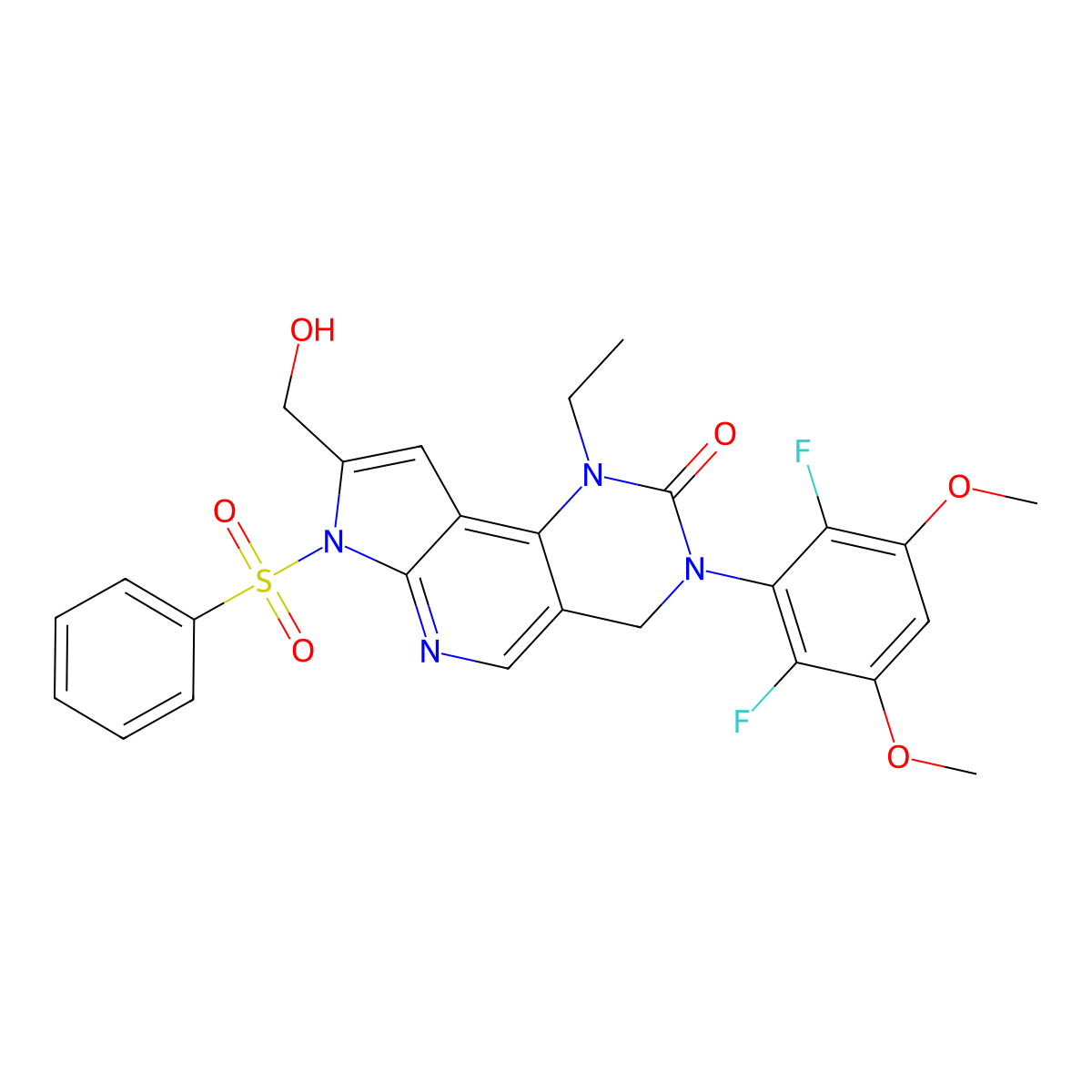 3-(2,6-difluoro-3,5-dimethoxyphenyl)-1-ethyl-8-(hydroxymethyl)-7-(phenylsulfonyl)-1,3,4,7-tetrahydro-2H-pyrrolo[3',2':5,6]pyrido[4,3-d]pyrimidin-2-one molecular structure, CAS 1513860-41-7