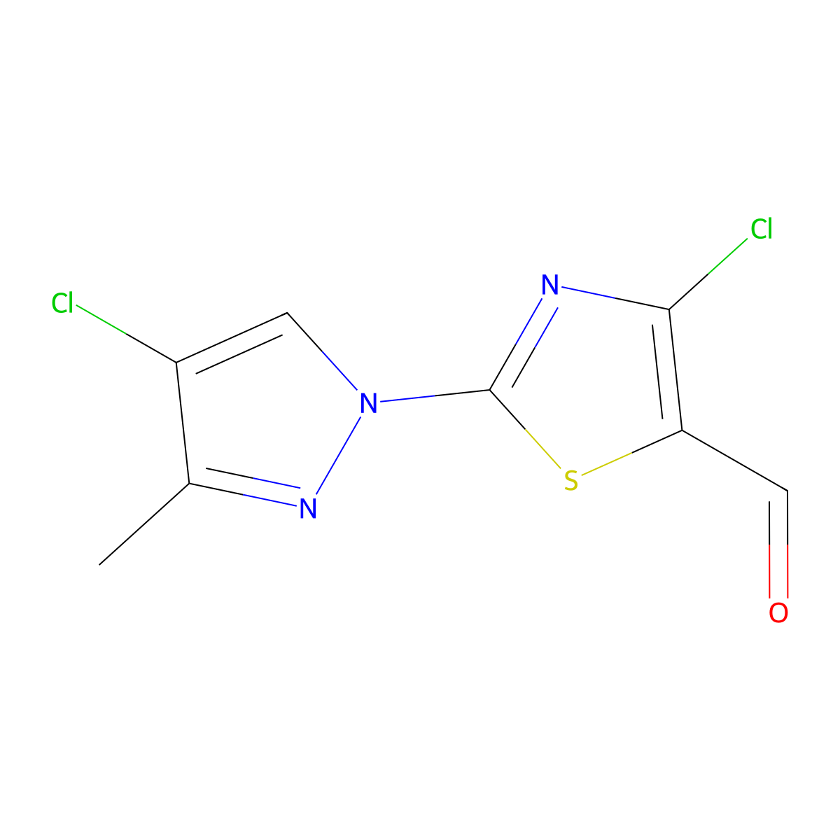 4-chloro-2-(4-chloro-3-methyl-1H-pyrazol-1-yl)-1,3-thiazole-5-carbaldehyde molecular structure, CAS 1514308-22-5