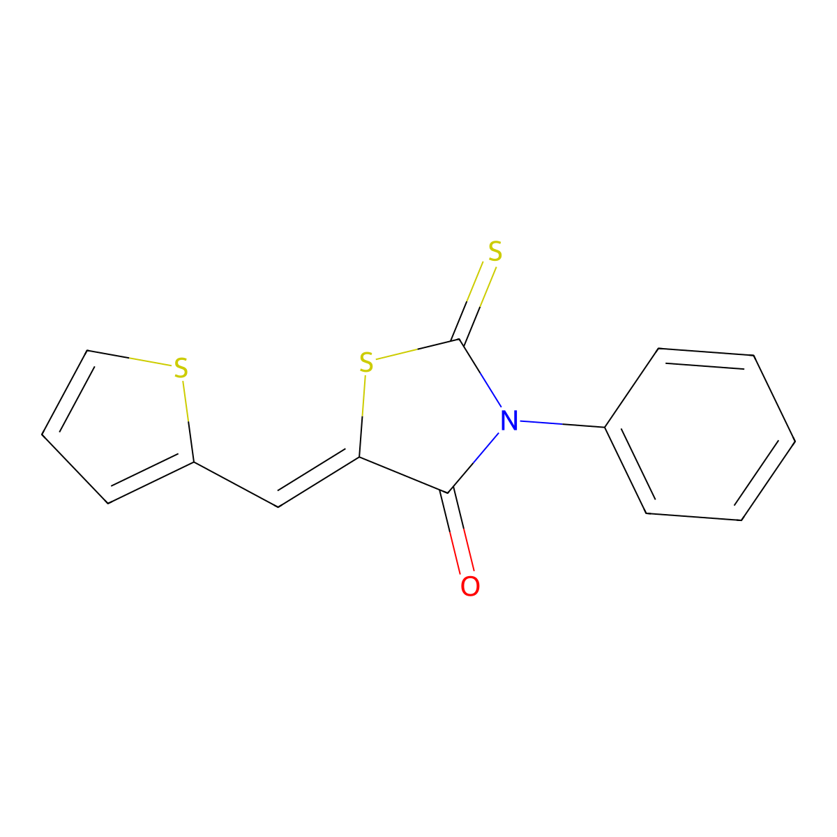 4-Thiazolidinone, 3-phenyl-5-(2-thienylmethylene)-2-thioxo- molecular structure, CAS 151502-03-3