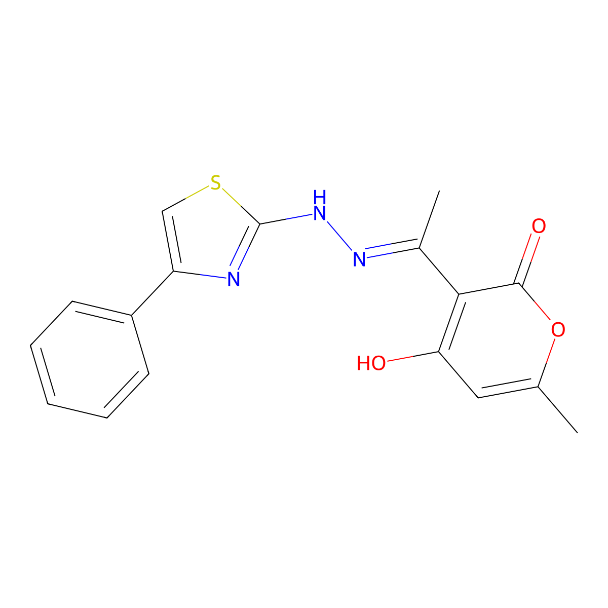 4-hydroxy-6-methyl-3-[2-(4-phenyl-1,3-thiazol-2-yl)ethanehydrazonoyl]-2H-pyran-2-one molecular structure, CAS 151504-48-2