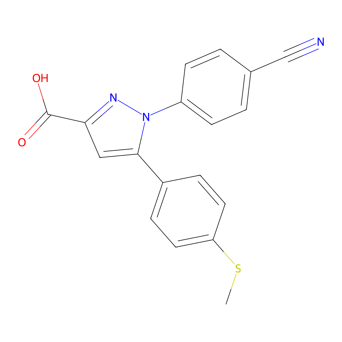 1-(4-Cyano-phenyl)-5-(4-methylsulfanyl-phenyl)-1H-pyrazole-3-carboxylic acid molecular structure, CAS 151507-00-5