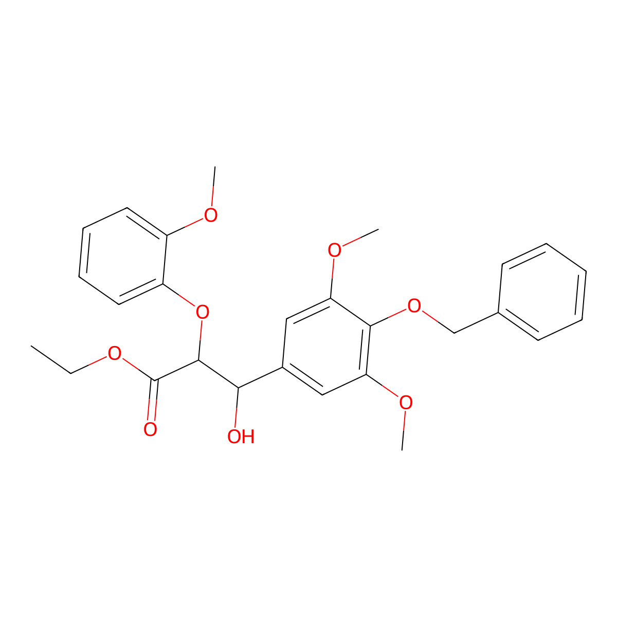 Ethyl 3-(4-(benzyloxy)-3,5-dimethoxyphenyl)-3-hydroxy-2-(2-methoxyphenoxy)propanoate molecular structure, CAS 151541-15-0