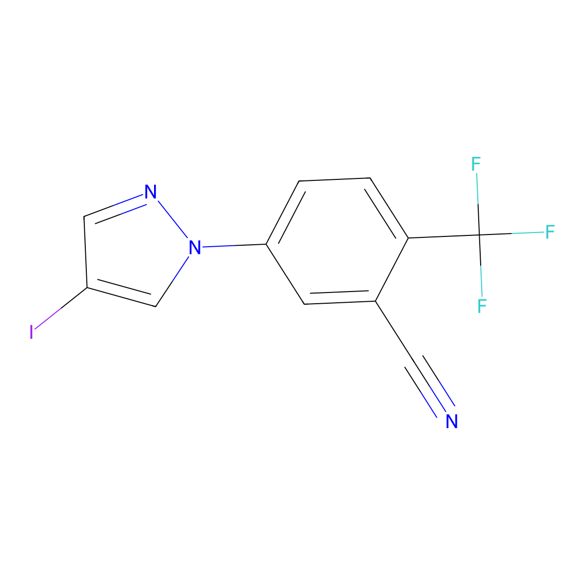 5-(4-iodo-1H-pyrazol-1-yl)-2-(trifluoromethyl)benzonitrile molecular structure, CAS 1515977-87-3