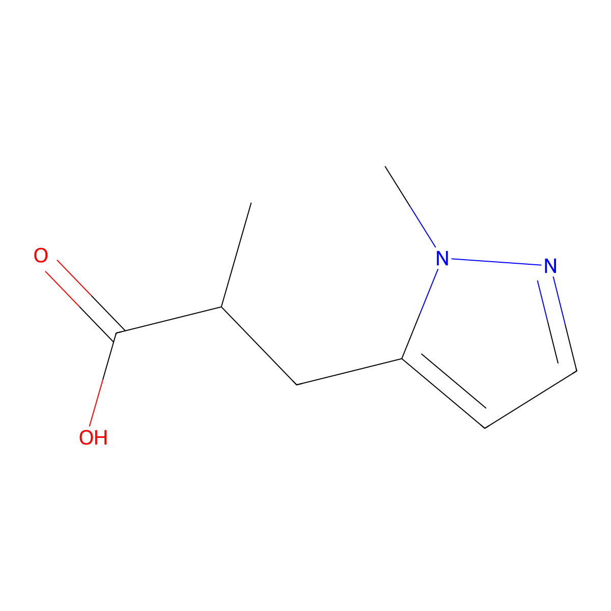2-methyl-3-(1-methyl-1H-pyrazol-5-yl)propanoic acid molecular structure, CAS 1516286-15-9