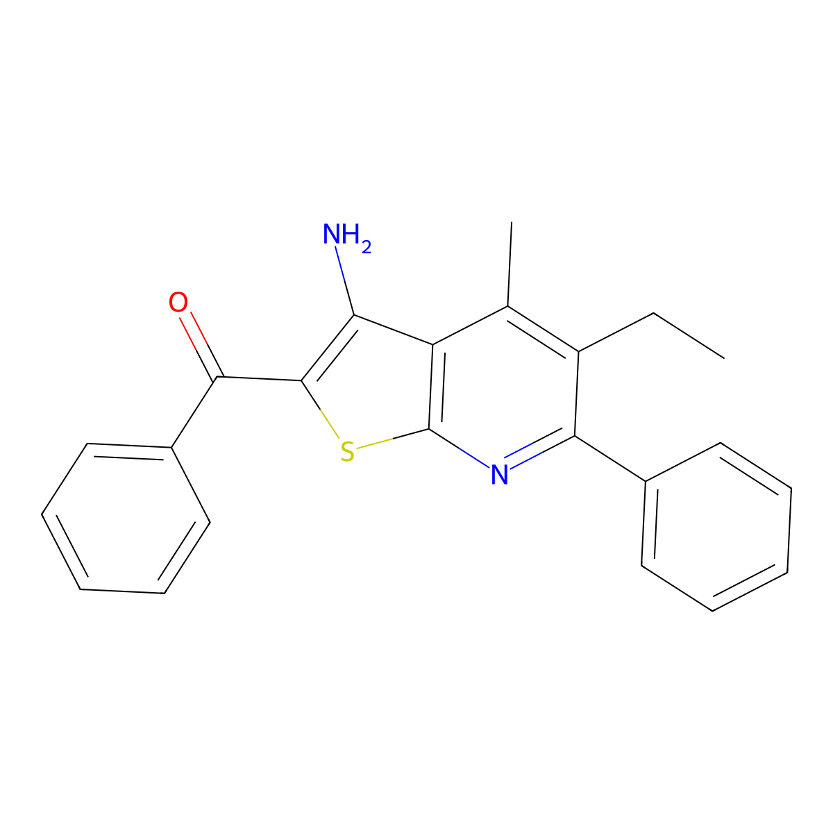 (3-Amino-5-ethyl-4-methyl-6-phenylthieno[2,3-b]pyridin-2-yl)(phenyl)methanone molecular structure, CAS 151693-84-4