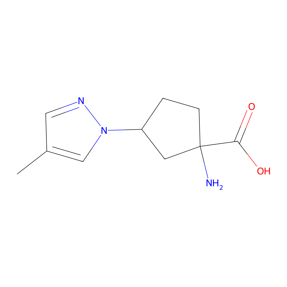 1-amino-3-(4-methyl-1H-pyrazol-1-yl)cyclopentane-1-carboxylic acid molecular structure, CAS 1517114-96-3