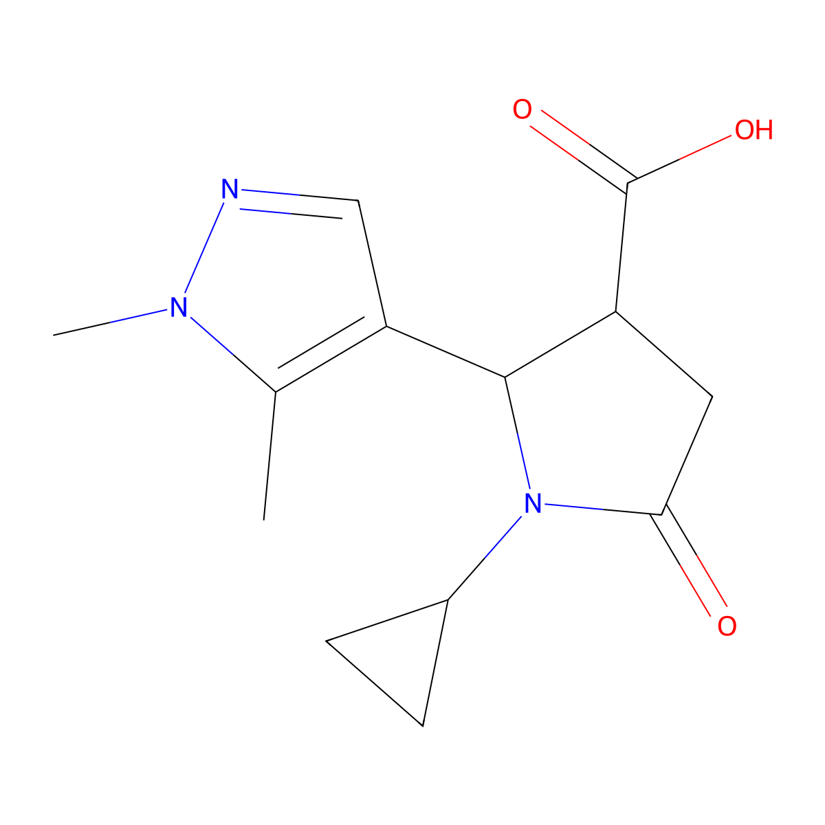 1-cyclopropyl-2-(1,5-dimethyl-1H-pyrazol-4-yl)-5-oxopyrrolidine-3-carboxylic acid molecular structure, CAS 1517221-35-0