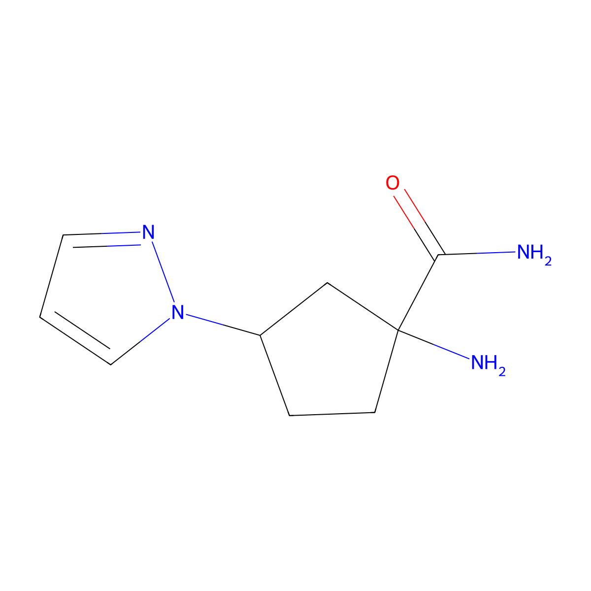 1-amino-3-(1H-pyrazol-1-yl)cyclopentane-1-carboxamide molecular structure, CAS 1517775-83-5