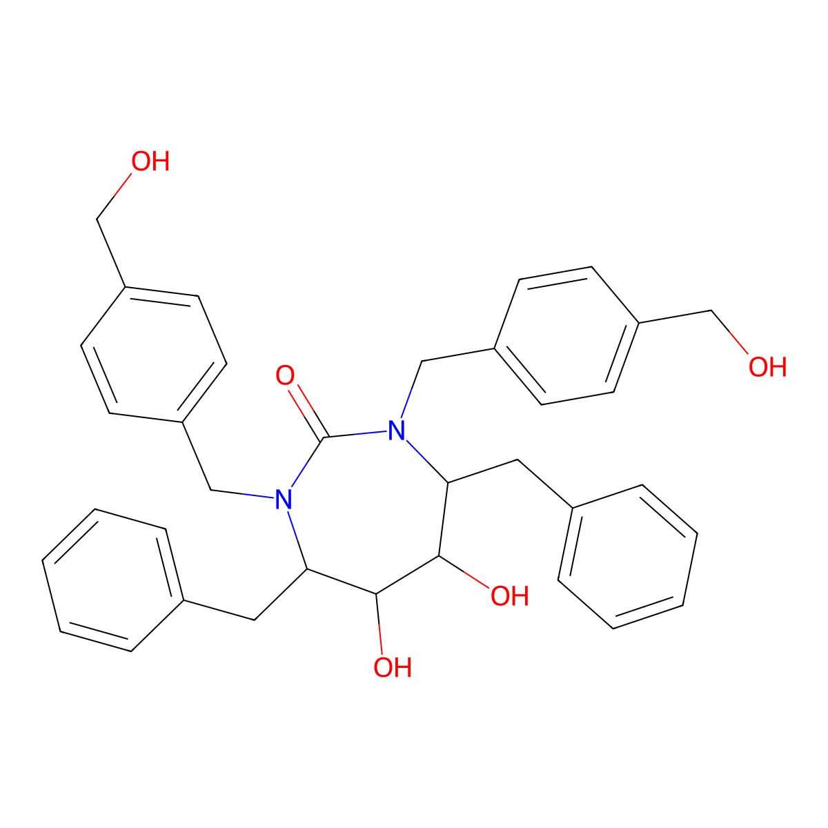 (4R,5S,6S,7R)-Hexahydro-5,6-dihydroxy-1,3-bis((4-(hydroxymethyl)phenyl)methyl)-4,7-bis(phenylmethyl)-2H-1,3-diazepin-2-one molecular structure, CAS 151867-81-1